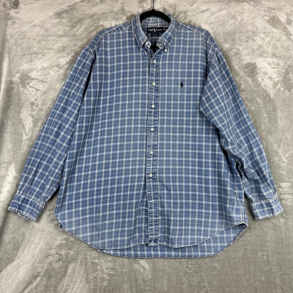 VTG Ralph Lauren Button Down Shirt Men's XL Blue White Plaid "Blaire" Cotton